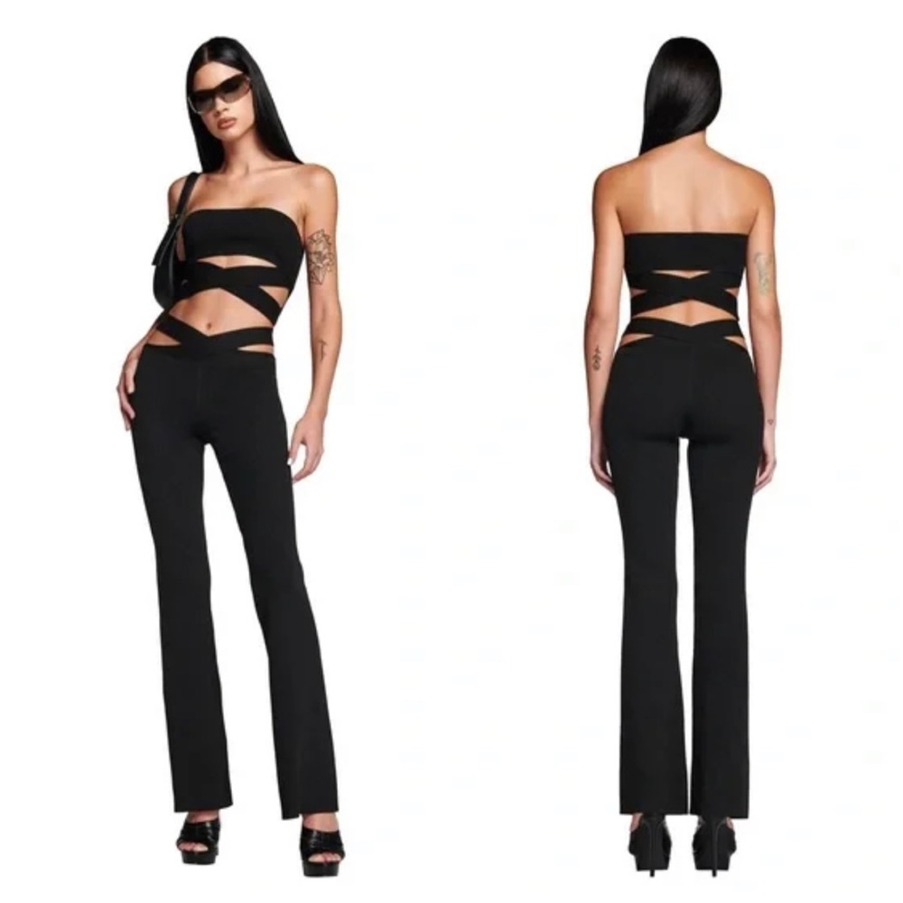 I.AM.GIA Arima Black Hip Cut Out Crossover Flared Knit Mid Rise Pants Sz Small